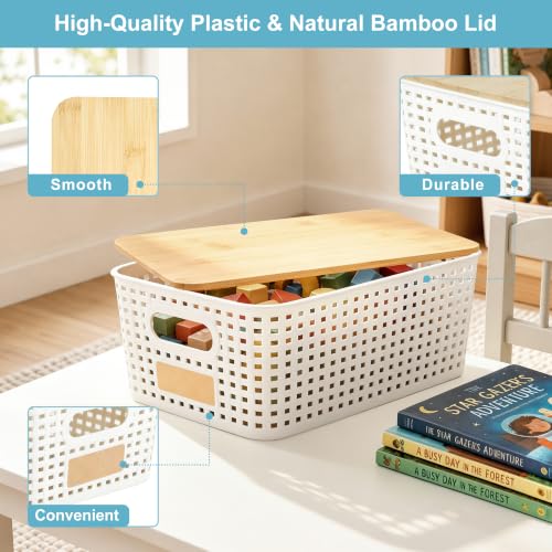Small Plastic Storage Bins with Bamboo Lids 5.2qt Stackable Box Basket Pantry Decorative Containers Cute with Labels for Organizing Desktop Closet Office Cream White of 6 packs 10*7.2*4.1"