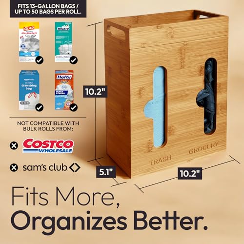 Under Sink Organizer for Kitchen Cabinet - Bamboo Trash Bag Dispenser & Bag Holder – Pantry Organizer & Garbage Roll Holder for Cleaning Supplies, Apartment Essentials & Home Organization