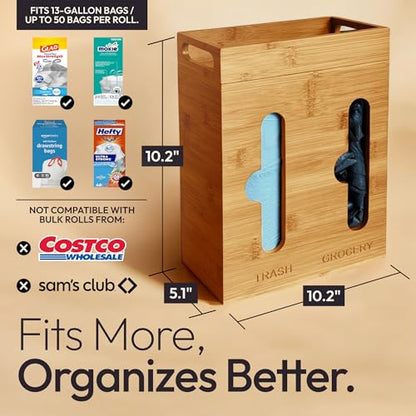 Under Sink Organizer for Kitchen Cabinet - Bamboo Trash Bag Dispenser & Bag Holder – Pantry Organizer & Garbage Roll Holder for Cleaning Supplies, Apartment Essentials & Home Organization