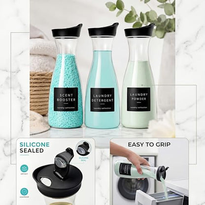 Laundry Room Organization Set, 3 Containers, 3 Dispensers, Black | 3 liquid laundry detergent dispensers, 2 laundry pods containers, 1 dryer sheet holder, with wood lids, labels and scoops