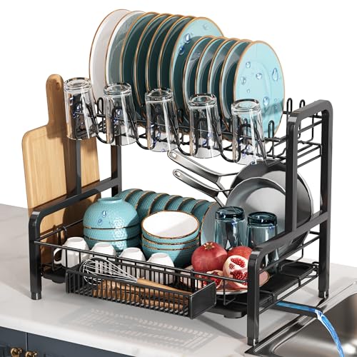 2 Tier Black Stainless Steel Dish Drying Rack for Kitchen Counter | Large Capacity Dish Drainer with Drainboard, Cup & Utensil Holder, Space Saving Rustproof Metal Plate Rack, Fast Drain