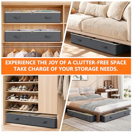 90L Under Bed Storage Containers,4-Pack Closet Organizer Storage Bins ,Grey | for Organization and Storage Clothes, Shoes, Blankets & Pillows,Visible Transparent Top Storage Bins with Lids