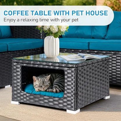 VINGLI 4 Pieces Outdoor Sectional Wicker Patio Furniture with Storage, Patio Sectional Sofa Outdoor Couch Conversation Set, Glass Top Coffee Table for Backyard, Pool, Garden(Black)