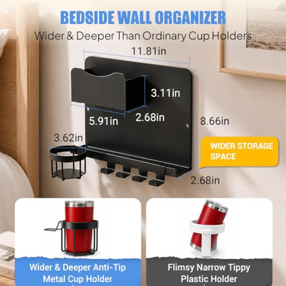 Metal Bedside Wall Shelf, No Drill Floating Bedside Shelf Wall Organizer | Bedside Wall Shelf with Detachable Cup Holder for Bedroom, Dorm, Nightstand Alternative, Bunk Bed Accessories & RV Storage