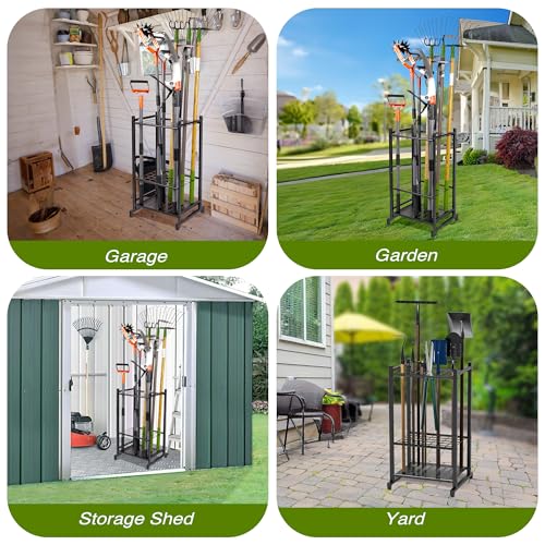 Tool Organizer for Garden, Garage Tool Organizer & Garage Organization – Heavy Duty Steel Garden Tool Organizer Stand Holds 35 Tools/Rakes/Brooms, Tool Storage Rack for Shed/Outdoor, Garage Organizer