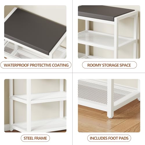 Small Shoe Bench Shoe Rack Storage Bench Entryway Bench Shoe Shelf with Seat Cushion, Stable Shoe Organizer for Entryway, Living Room, Bench Seat Holds Up to 300 lb, (18"L x 12"W x 17"H, White)
