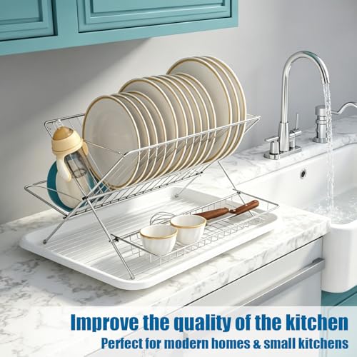 Stainless Steel Foldable Dish Drying Rack, 2 Tier Collapsible Kitchen Rack for Counter, Large Capacity Expandable Dish Drainer Rust Proof