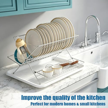 Stainless Steel Foldable Dish Drying Rack, 2 Tier Collapsible Kitchen Rack for Counter, Large Capacity Expandable Dish Drainer Rust Proof