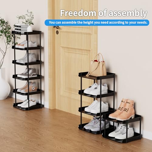 6 Tier Vertical Narrow Shoe Rack, Stackable Tall Skinny Shoerack, Compact Single Shoes Storage Tower for Slim Space, Corner Plastic Shelves, for Hallways, Entryway, Bedrooms Organizer, Black