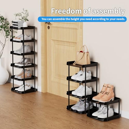 6 Tier Vertical Narrow Shoe Rack, Stackable Tall Skinny Shoerack, Compact Single Shoes Storage Tower for Slim Space, Corner Plastic Shelves, for Hallways, Entryway, Bedrooms Organizer, Black
