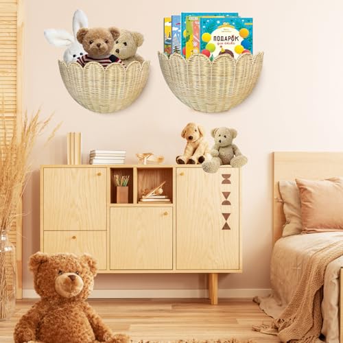 Scalloped Wall Basket, 2pcs Hand Woven Hanging Wicker Wall Baskets Set, Scalloped Rattan Wall Storage & Decor for Home, Bathroom, Kitchen, Living Room (16 x 12 x 7 & 14 x 8 x 6 Inch)