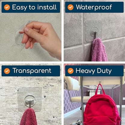 Adhesive Wall Hooks for Hanging Heavy Duty 22 lbs Hooks for Walls No Drill, Towel Sticky Clear Hook, Waterproof, Home, Bathroom, Kitchen, Office, and Outdoor 12 Pack