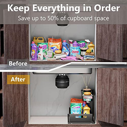 Slide Out Under Sink Organizers and Storage, Black, 1 Pack | 2 Tier, Sturdy Metal, Cabinet Organizer, for Kitchen Bathroom