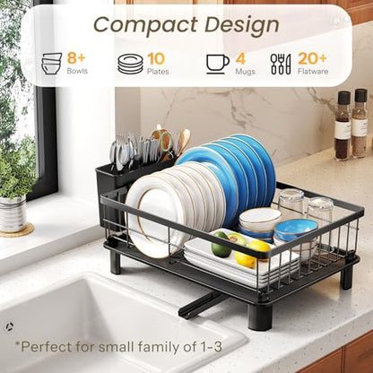 SNTD Dish Drying Rack for Small Kitchen Counter | Space Saving, Rotating Spout & Angled Drainboard for Quick Drainage, Stainless Steel, Removable Utensil Holder