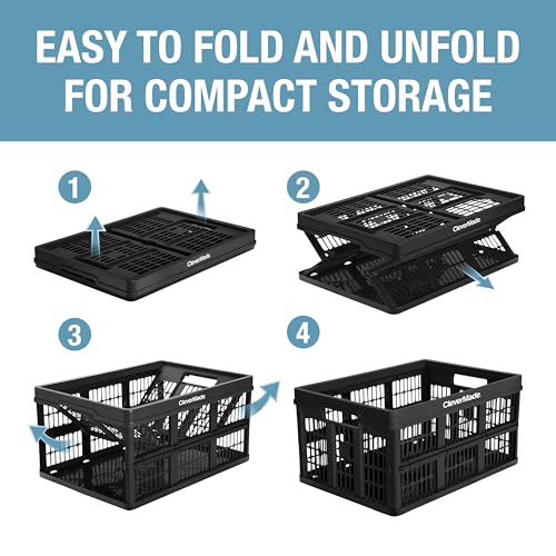 CleverMade Collapsible Utility Crate (100% Recycled) - 45L - Obsidian | Create Stackable Order for Groceries, Tools, and Gear | Each Crate Holds 66 lb, Folds Under 3 Inches, and Carries Easily