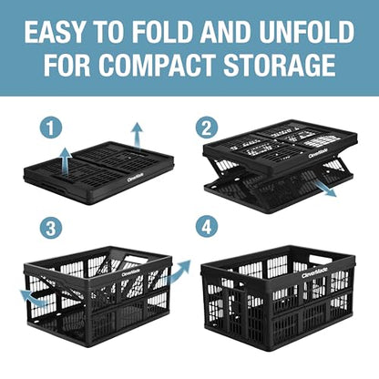 CleverMade Collapsible Utility Crate (100% Recycled) - 45L - Obsidian | Create Stackable Order for Groceries, Tools, and Gear | Each Crate Holds 66 lb, Folds Under 3 Inches, and Carries Easily