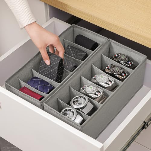 3 Packs Fabric Belt Organizer for Closet and Drawer, Foldable 6 Grids Dresser Drawer Organizers, Belt Tie Holder, Tie Box-Grey