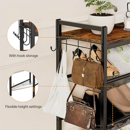 4 Tier Shoe Rack, Shoe Rack for Entryway with Hook, Shoe Organizer with Adjustable Mesh Shelves, Metal Shoe Storage, Closet, Bedroom Living Room Garage
