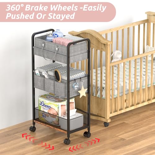 2In1 Baby Diaper Caddy & 3-Tier Rolling Diaper Cart, Diaper Caddy Organizer Cart with Dividers, Mobile Metal Utility Cart for Nursery Essentials, Detachable Bedside Cart, Large Capacity