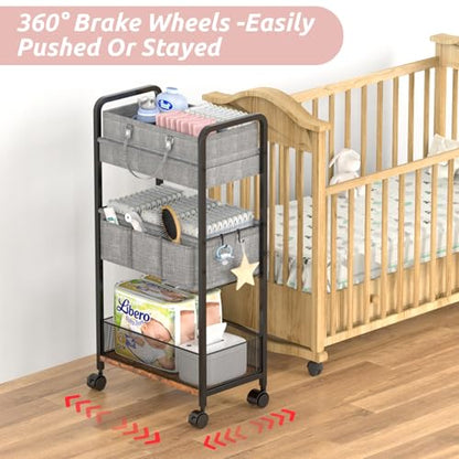 2In1 Baby Diaper Caddy & 3-Tier Rolling Diaper Cart, Diaper Caddy Organizer Cart with Dividers, Mobile Metal Utility Cart for Nursery Essentials, Detachable Bedside Cart, Large Capacity