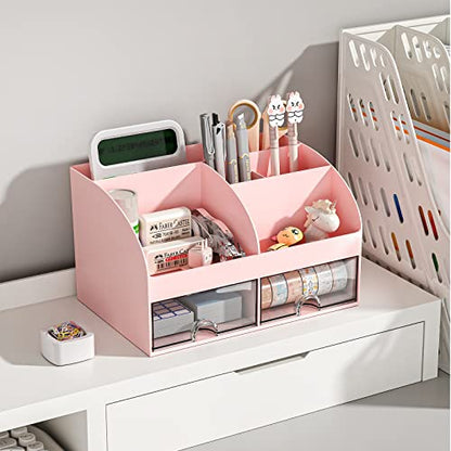 COMFYROOM Desk Organizer with 6 Compartments and 2 Drawers, Plastic Makeup Organizer, Pen Holder for Desktop Storage, Desk Organization for School, Home, Office Supplies (Pink)