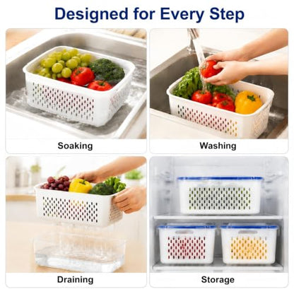 3 Pcs Fruit Storage Containers for Fridge, Produce Storage Containers with Removable Colander Basket & Airtight Lid, BPA-free food storage containers, for Fruits, Vegetables & Meat