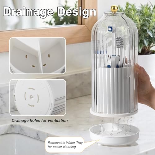 Toothbrush Holders with Cover Toothpaste Organizer for Bathroom, White | 360° Rotating, Dustproof Sliding Lid, Drainage Holes, Waterproof, for Kids Electric Toothbrush Makeup Brush Storage
