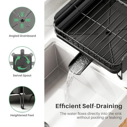 Large Expandable Dish Drying Rack for Kitchen Counter, 19.3-29.4 in, Black | Family Size Capacity, Adjustable Dividers for Pan, Lid & Cutting Board, Stainless Steel, Rotating Spout, Utensil Holder