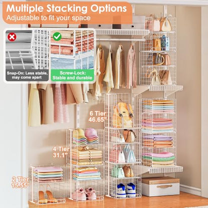 Yuyetuyo 6 Tier Raised-Height Hanging Closet Organizer, Stackable Sweater Organizer for Closet, Wire Storage Basket Bins for Clothes Purse Shoes, Hanging Shelves with 4 Hooks & 3 Dividers Adjustable