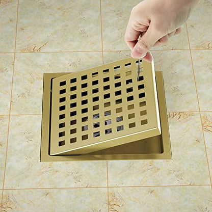 EXF Square Shower Drain Brushed Gold 6-Inch with ABS Flange, Hair Catcher | 304 Stainless Steel, Removable Grid Grate, Anti-Clog, Anti-Rust, Easy Clean, Adjustable Height
