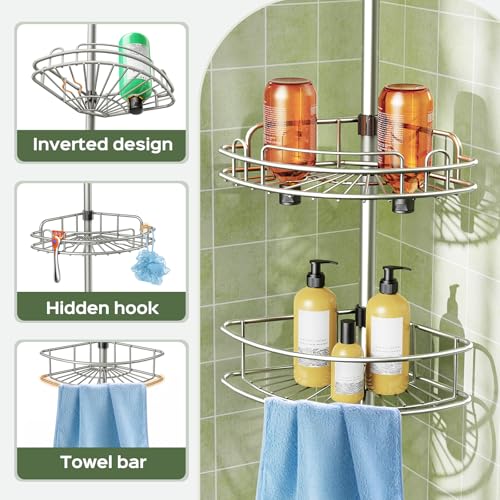 HAMITOR Corner Shower Caddy Tension Pole: 4-Tier Rust-Resistant Adjustable Bathroom Organizer Shelves - 47.72-123.6 Inch No-Drill Quick Install - Space-Saving Storage for Renters Family - Silver Gray