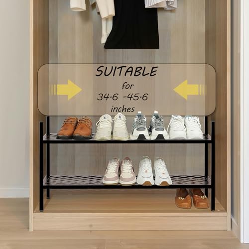 Shoe Rack, 45.6" Expandable Shoe Storage Organizer for Closet - Stackable | 2-Tier Metal Long Shoe Shelf with Sturdy Wire Grid Shoe Stand Holder for Entryway, Garage, Bedroom, Door Entrance, Black