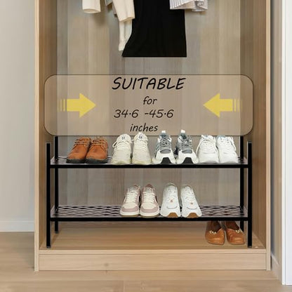 Shoe Rack, 45.6" Expandable Shoe Storage Organizer for Closet - Stackable | 2-Tier Metal Long Shoe Shelf with Sturdy Wire Grid Shoe Stand Holder for Entryway, Garage, Bedroom, Door Entrance, Black