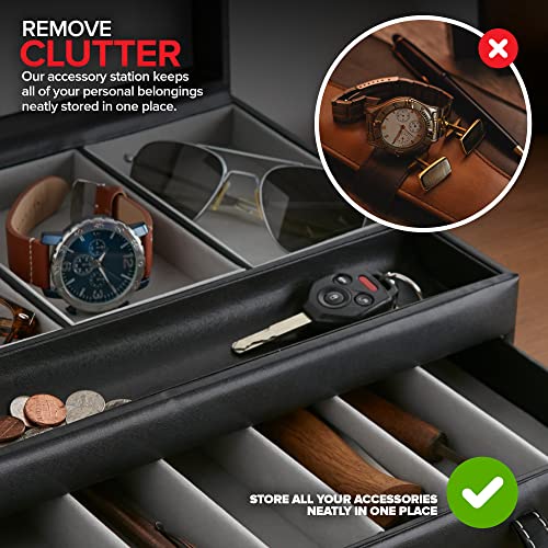 Mens Valet Tray, Men's Jewelry Box, Night Stand Organizers and Storage, Bedside Table Organizer, Watch Box for Dresser, Faux Leather (Black & Gray) Stock Your Home