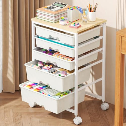 Rolling Cart with 5 Drawers for Craft, Art, Dorm, Office, White | Utility Cart Organizer With 5 Removable Drawers and Wooden Tabletop, Lockable Rolling Storage Organizer for Classroom, Home