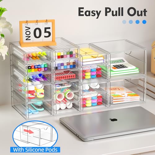 Acrylic 13-Drawer Storage & Makeup Organizer for Desk, Bath | Smooth-glide drawers, clear acrylic, stackable, dustproof, wipe-clean, for eyeliners, lip liners, markers, push pins,pen