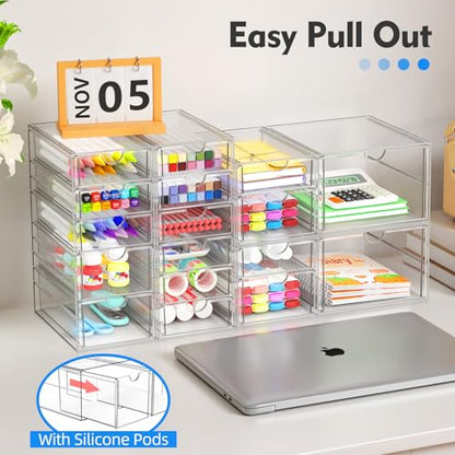 Acrylic 13-Drawer Storage & Makeup Organizer for Desk, Bath | Smooth-glide drawers, clear acrylic, stackable, dustproof, wipe-clean, for eyeliners, lip liners, markers, push pins,pen