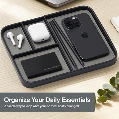 Nordik Leather Valet Tray - Medium EDC Tray - Pebble Black (9.5 x 7.9 in) | Premium Vegan Leather with Two-Toned Design, Includes Four Compartments, Giftable, Catchall Tray for Keys Watch and Jewellery