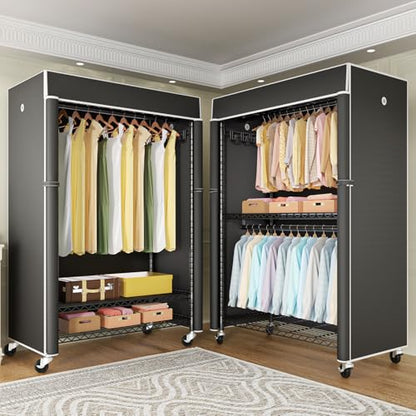 Black Clothing Rack with Black Cover, P1C Plus Rolling Closet | Metal Garment Rack with Wheels for Hanging Clothes, Portable Clothing Storage Wardrobe