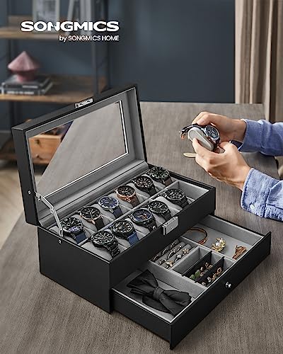 SONGMICS Watch Box, 12-Slot Watch Case Organizer with Large Glass Lid, 2 Layers, Removable Pillows, Metal Lock, Gift for Loved Ones, Black Synthetic Leather, Gray Lining UJWB012