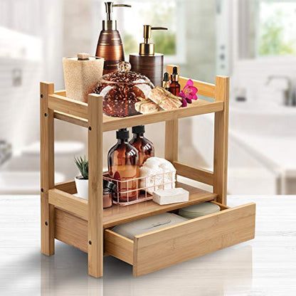 Sorbus 2-Tier Bamboo Countertop Shelf with Hidden Drawer for Vanity, Matcha Shelf, Bathroom Storage Cabinet, Under Sink Organizer, Bathroom Storage, Matcha Station Shelf (13″ L x 6.5″ W x 12.6″ H)