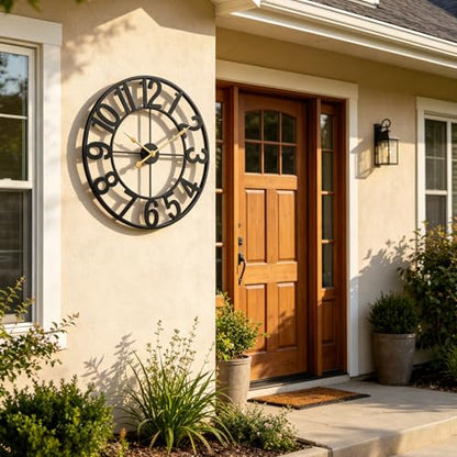 Outdoor Clock for Patio Waterproof, 14 Inch Large Outdoor Wall Clock Battery Operated, Silent Non-Ticking Metal Garden Clock for Pool, Porch, Backyard, Fence – Black Vintage Farmhouse Decor