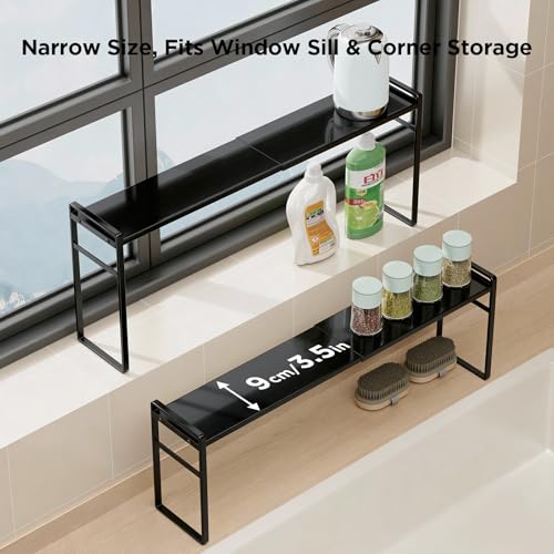 Expandable Narrow Shelf Organizer with 2-Level Adjustable Height | Black, Tall Countertop Organizer for Tight Spaces, Windowsill Plant Stand, Over-Sink/Faucet Shelf, Kitchen Counter Storage