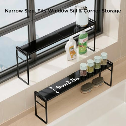 Expandable Narrow Shelf Organizer with 2-Level Adjustable Height | Black, Tall Countertop Organizer for Tight Spaces, Windowsill Plant Stand, Over-Sink/Faucet Shelf, Kitchen Counter Storage