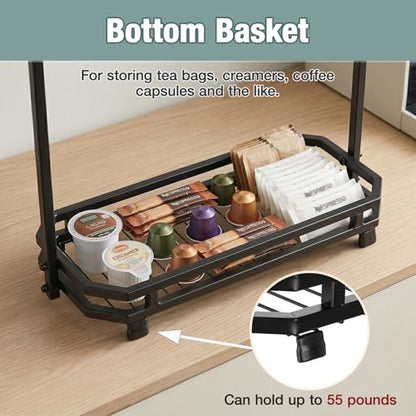 Coffee Mug Holder for Countertop, 14 Hooks Metal Coffee Cup Holder Rack | Mug Tree Stand with Storage Base for K Cup Coffee Pod Paper Cups Tea Bag, 2 Tier, Black