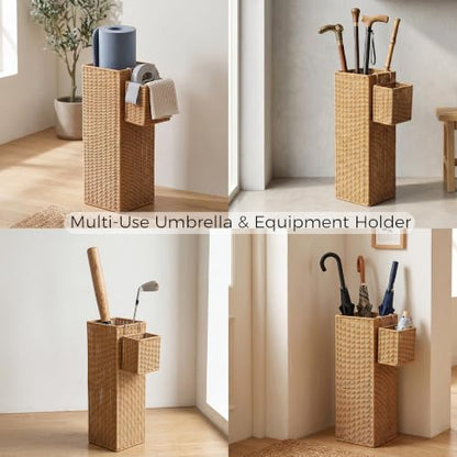 Rattan Umbrella Stand with Drip Tray,Umbrella Holder with Small Basket for Entryway, Tall Wicker Basket for Storage, Woven Organizer for Inoor, Outdoor, Home, Office, Hotel