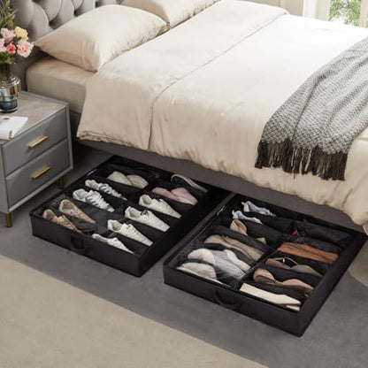 Lifewit Under Bed Shoe Storage Organizer 4 Pack(16 Shoes Cells), 4.3 Inches Profile Fabric Shoes Container Box with Clear Cover, Foldable Storage Bag with 2 Handles, Fits 32 to 64 Pairs