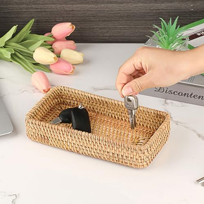 Hipiwe Key Basket for Entryway Table Small Natural Rattan Serving Tray | Wicker Storage Trays for Home Decor, Fruit Bowl Decorative Baskets for Kitchen, Coffee Table