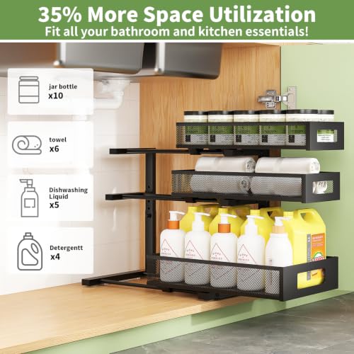 Under Sink Organizer,3-Tier Heavy Duty Pull out Cabinet Organizer Shelf | Height Adjustable,Thickened Metal,Slide out Storage Drawer Rack for Kitchen Bathroom Pantry Laundry Home Organization