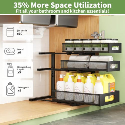 Under Sink Organizer,3-Tier Heavy Duty Pull out Cabinet Organizer Shelf | Height Adjustable,Thickened Metal,Slide out Storage Drawer Rack for Kitchen Bathroom Pantry Laundry Home Organization